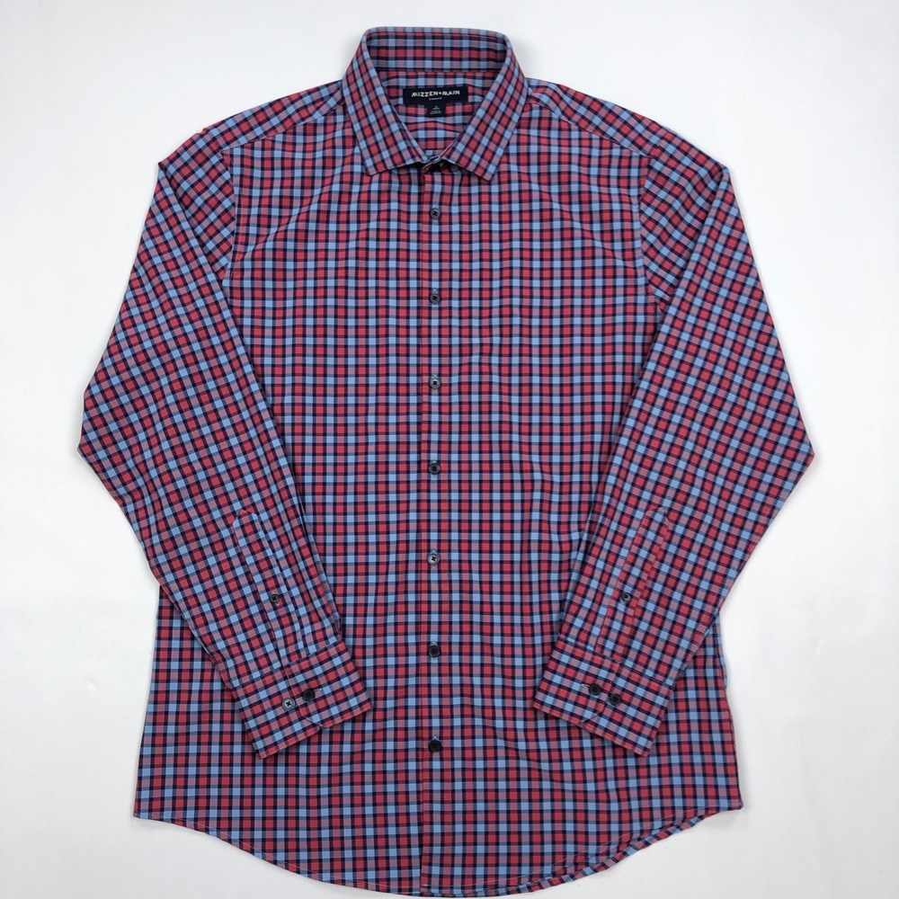 Mizzen+Main Leeward Trim Fit Dress Shirt Red Blue Check Mens Large L